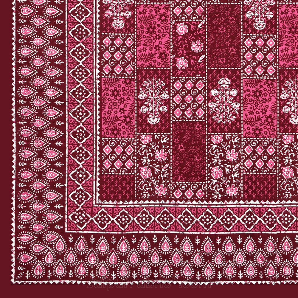Maroon Floral Polygons Dabu Print Jaipuri Double Bedsheet